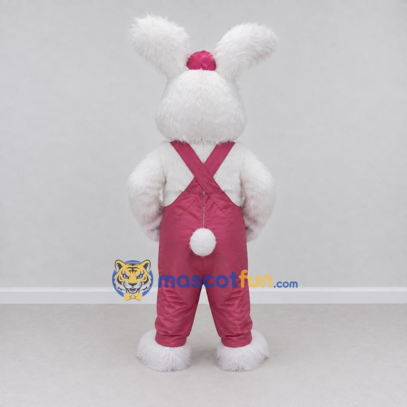 Custom White and Pink Rabbit in Overalls Mascot Costume Adult Full Body Suit for Easter Events Custom White and Pink Rabbit in Overalls Mascot Costume Adult Full Body Suit for Easter Events