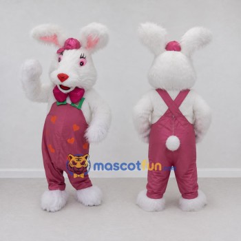 Custom White and Pink Rabbit in Overalls Mascot Costume Adult Full Body Suit for Easter Events