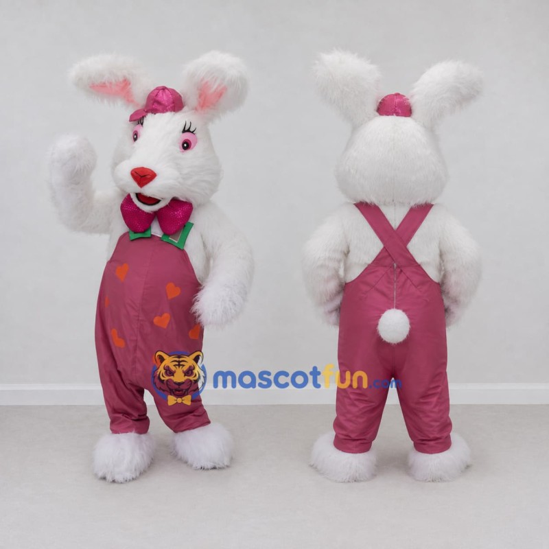 Custom White and Pink Rabbit in Overalls Mascot Costume Adult Full Body Suit for Easter Events Custom White and Pink Rabbit in Overalls Mascot Costume Adult Full Body Suit for Easter Events