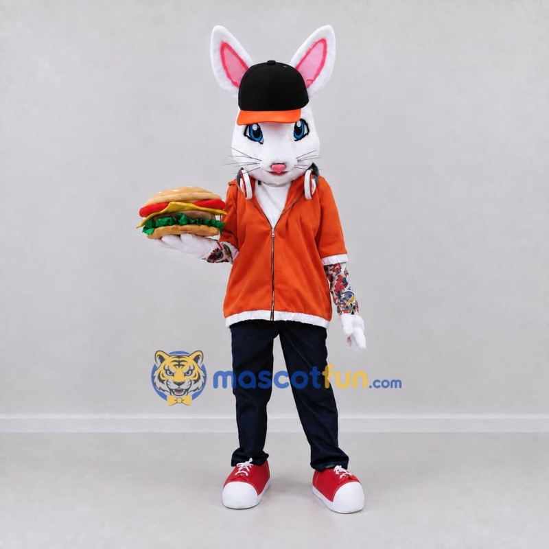 Custom White and Orange Cat in Hoodie Mascot Costume Adult Full Body Suit for Restaurant Promotions Custom White and Orange Cat in Hoodie Mascot Costume Adult Full Body Suit for Restaurant Promotions