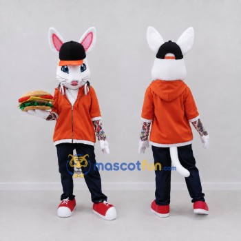 Custom White and Orange Cat in Hoodie Mascot Costume Adult Full Body Suit for Restaurant Promotions