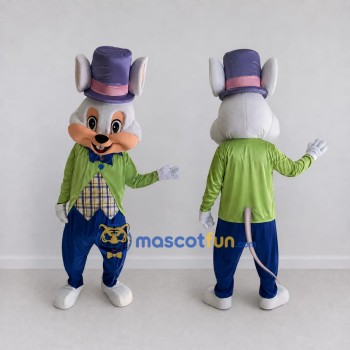 Custom Gray Green and Blue Mouse in Top Hat Mascot Costume Adult Full Body Suit for Stage Shows