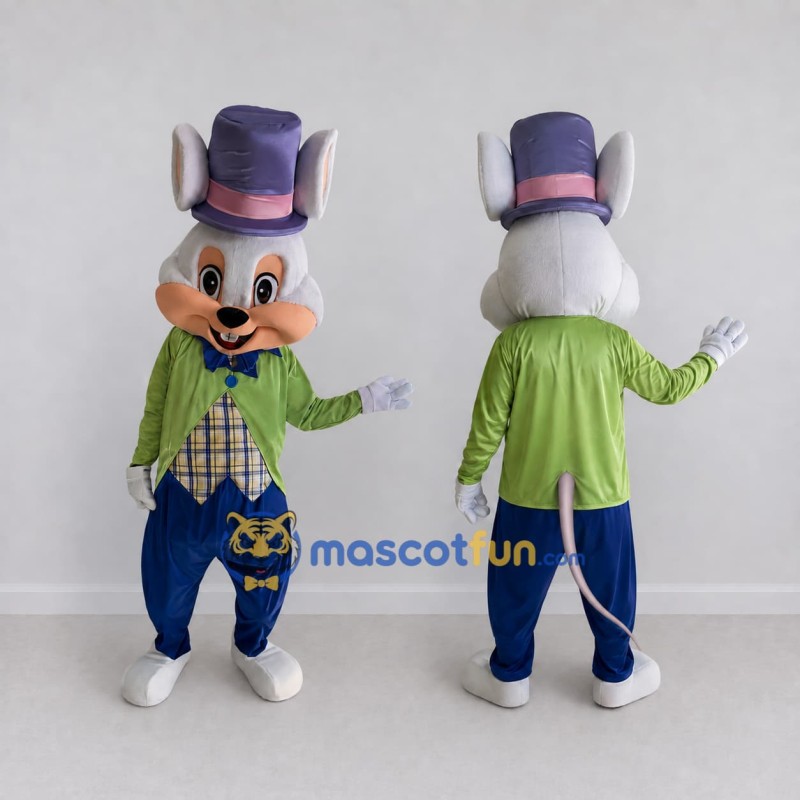 Custom Gray Green and Blue Mouse in Top Hat Mascot Costume Adult Full Body Suit for Stage Shows Custom Gray Green and Blue Mouse in Top Hat Mascot Costume Adult Full Body Suit for Stage Shows