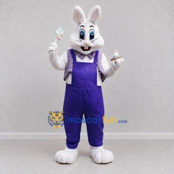 Custom White and Purple Rabbit in Overalls Mascot Costume Adult Full Body Suit for Easter Events Custom White and Purple Rabbit in Overalls Mascot Costume Adult Full Body Suit for Easter Events