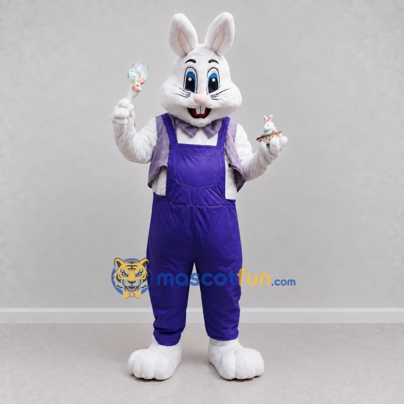 Custom White and Purple Rabbit in Overalls Mascot Costume Adult Full Body Suit for Easter Events Custom White and Purple Rabbit in Overalls Mascot Costume Adult Full Body Suit for Easter Events