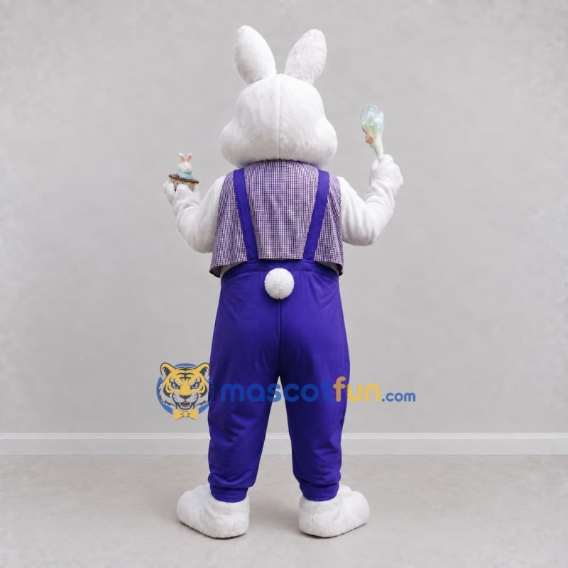 Custom White and Purple Rabbit in Overalls Mascot Costume Adult Full Body Suit for Easter Events Custom White and Purple Rabbit in Overalls Mascot Costume Adult Full Body Suit for Easter Events