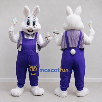 Custom White and Purple Rabbit in Overalls Mascot Costume Adult Full Body Suit for Easter Events