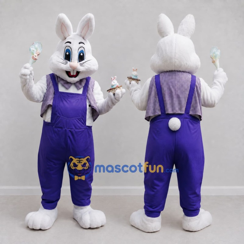 Custom White and Purple Rabbit in Overalls Mascot Costume Adult Full Body Suit for Easter Events Custom White and Purple Rabbit in Overalls Mascot Costume Adult Full Body Suit for Easter Events