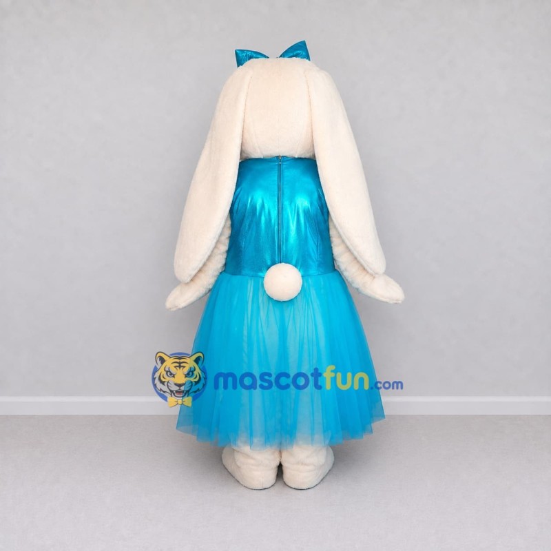Custom Cream and Turquoise Lop-Eared Rabbit in Dress Mascot Costume Adult Full Body Suit for Easter Events Custom Cream and Turquoise Lop-Eared Rabbit in Dress Mascot Costume Adult Full Body Suit for Easter Events
