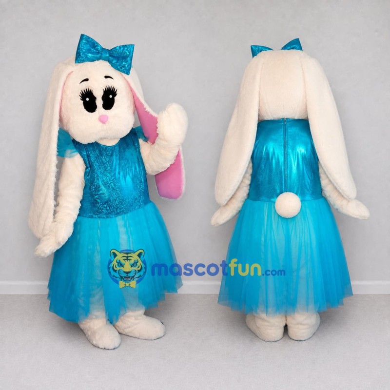 Custom Cream and Turquoise Lop-Eared Rabbit in Dress Mascot Costume Adult Full Body Suit for Easter Events Custom Cream and Turquoise Lop-Eared Rabbit in Dress Mascot Costume Adult Full Body Suit for Easter Events