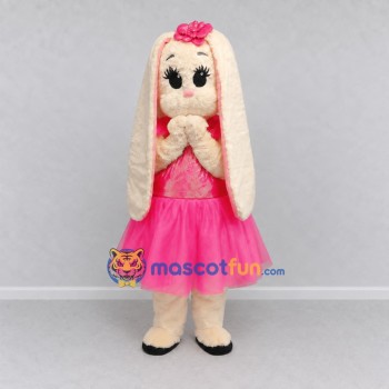 Custom Cream and Pink Lop-Eared Rabbit in Dress Mascot Costume Adult Full Body Suit for Easter Events Custom Cream and Pink Lop-Eared Rabbit in Dress Mascot Costume Adult Full Body Suit for Easter Events