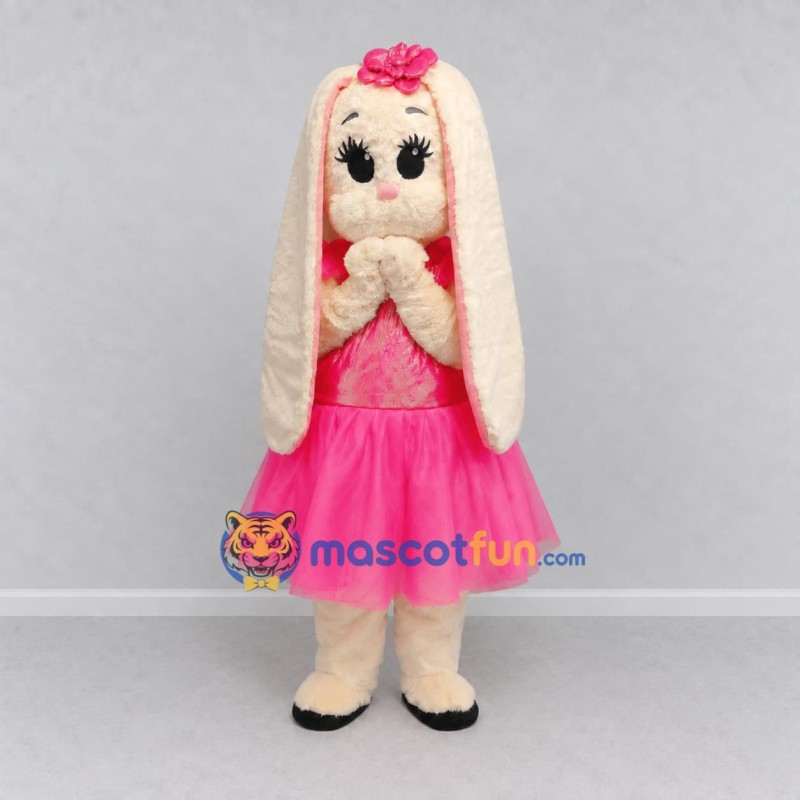 Custom Cream and Pink Lop-Eared Rabbit in Dress Mascot Costume Adult Full Body Suit for Easter Events