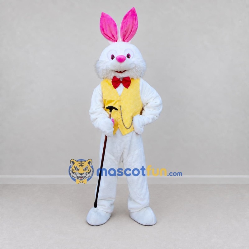 Custom White and Yellow Rabbit in Vest Mascot Costume Adult Full Body Suit for Easter Events Custom White and Yellow Rabbit in Vest Mascot Costume Adult Full Body Suit for Easter Events