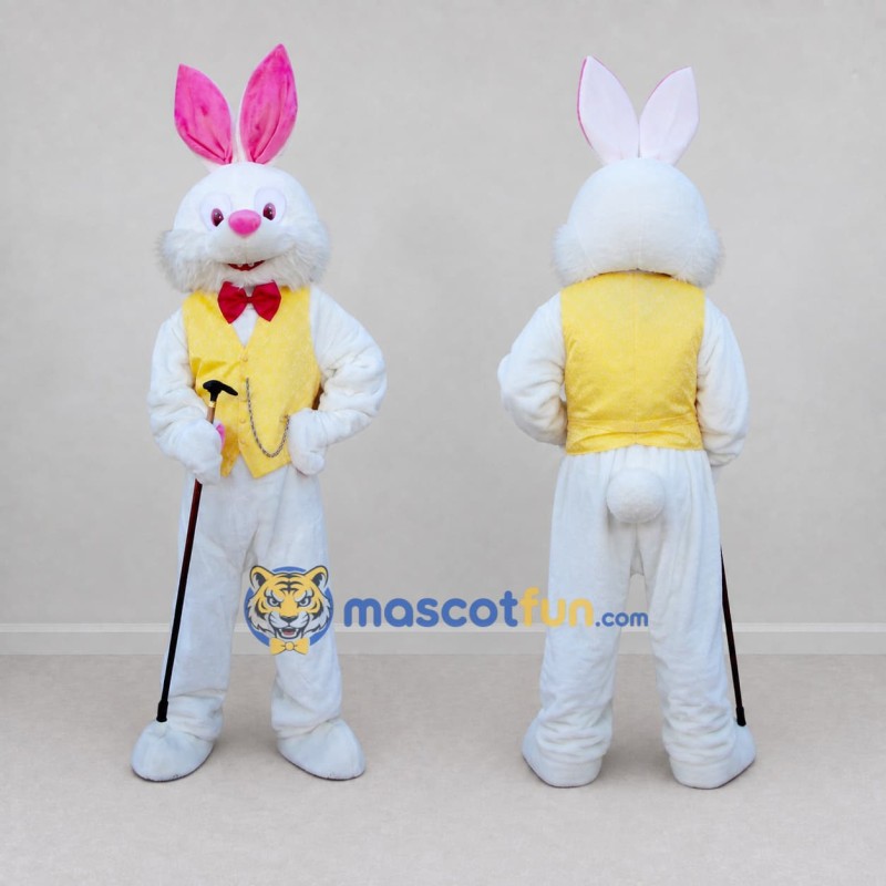 Custom White and Yellow Rabbit in Vest Mascot Costume Adult Full Body Suit for Easter Events Custom White and Yellow Rabbit in Vest Mascot Costume Adult Full Body Suit for Easter Events