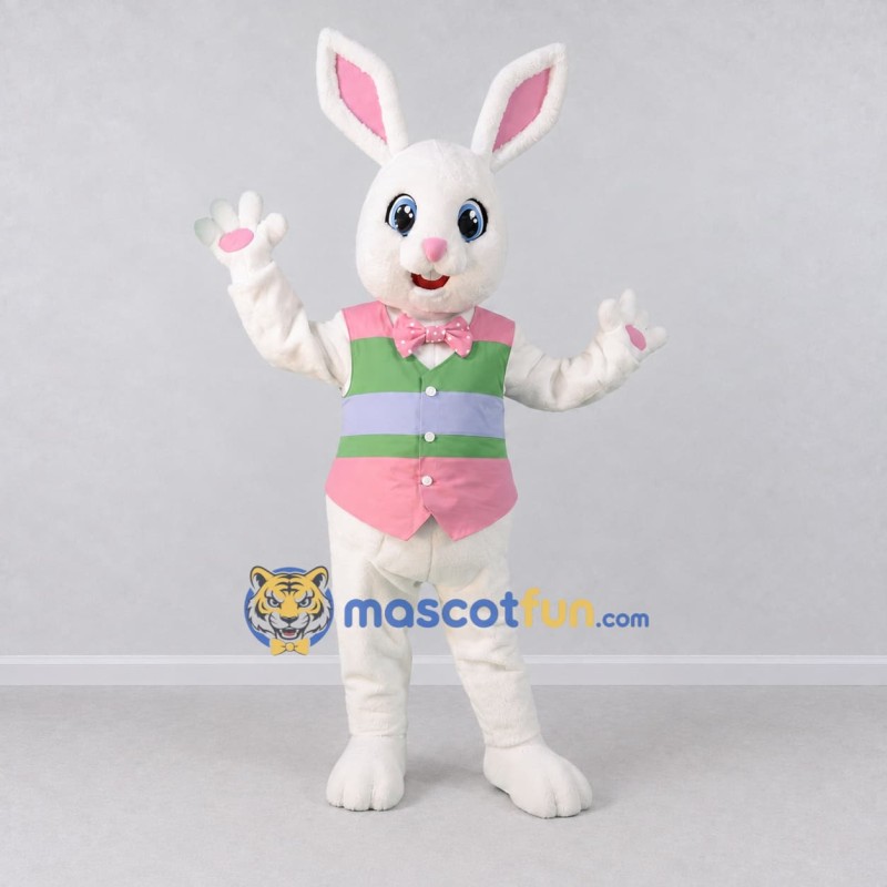 Custom White Pink and Green Rabbit in Striped Vest Mascot Costume Adult Full Body Suit for Easter Events Custom White Pink and Green Rabbit in Striped Vest Mascot Costume Adult Full Body Suit for Easter Events