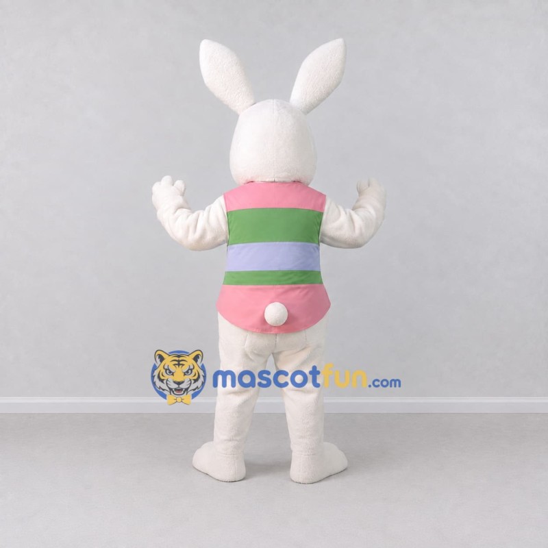 Custom White Pink and Green Rabbit in Striped Vest Mascot Costume Adult Full Body Suit for Easter Events Custom White Pink and Green Rabbit in Striped Vest Mascot Costume Adult Full Body Suit for Easter Events