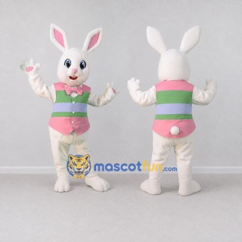 Custom White Pink and Green Rabbit in Striped Vest Mascot Costume Adult Full Body Suit for Easter Events