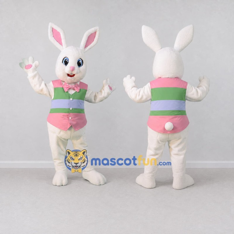 Custom White Pink and Green Rabbit in Striped Vest Mascot Costume Adult Full Body Suit for Easter Events Custom White Pink and Green Rabbit in Striped Vest Mascot Costume Adult Full Body Suit for Easter Events