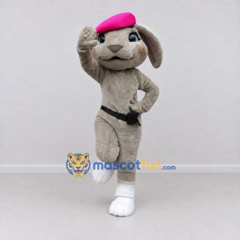 Custom Gray and Pink Lop-Eared Rabbit in Beret Mascot Costume Adult Full Body Suit for Easter Events Custom Gray and Pink Lop-Eared Rabbit in Beret Mascot Costume Adult Full Body Suit for Easter Events