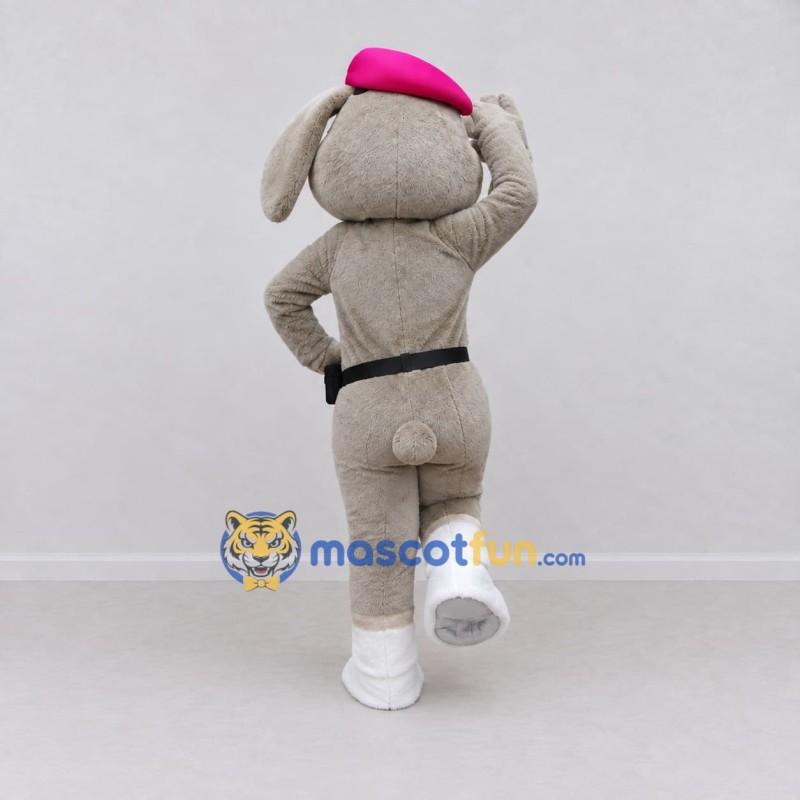 Custom Gray and Pink Lop-Eared Rabbit in Beret Mascot Costume Adult Full Body Suit for Easter Events Custom Gray and Pink Lop-Eared Rabbit in Beret Mascot Costume Adult Full Body Suit for Easter Events