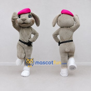 Custom Gray and Pink Lop-Eared Rabbit in Beret Mascot Costume Adult Full Body Suit for Easter Events