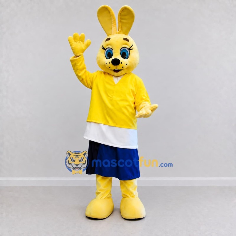 Custom Yellow and Blue Rabbit in Skirt Mascot Costume Adult Full Body Suit for Easter Events Custom Yellow and Blue Rabbit in Skirt Mascot Costume Adult Full Body Suit for Easter Events
