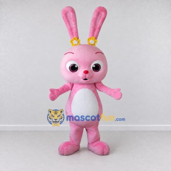 Custom Pink and White Rabbit with Flowers Mascot Costume Adult Full Body Suit for Easter Events Custom Pink and White Rabbit with Flowers Mascot Costume Adult Full Body Suit for Easter Events