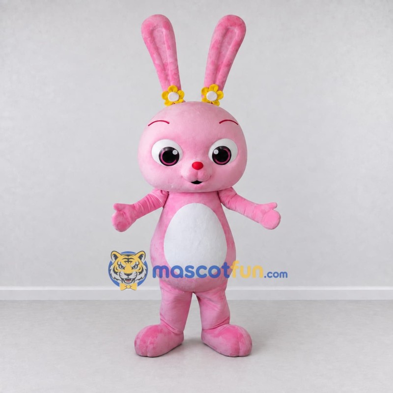 Custom Pink and White Rabbit with Flowers Mascot Costume Adult Full Body Suit for Easter Events Custom Pink and White Rabbit with Flowers Mascot Costume Adult Full Body Suit for Easter Events