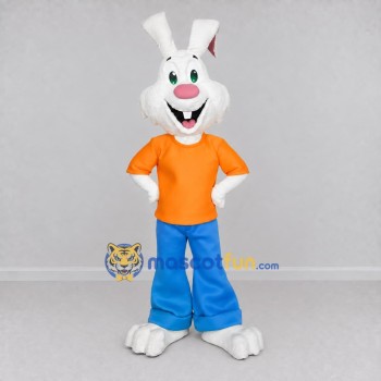 Custom White Orange and Blue Rabbit in T-Shirt Mascot Costume Adult Full Body Suit for Easter Events Custom White Orange and Blue Rabbit in T-Shirt Mascot Costume Adult Full Body Suit for Easter Events