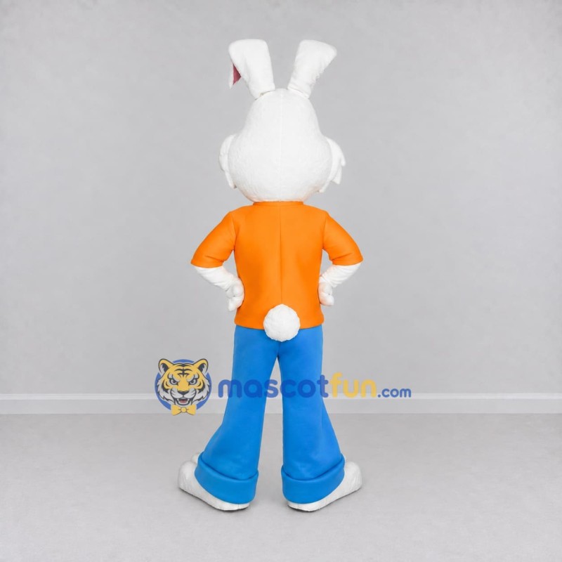 Custom White Orange and Blue Rabbit in T-Shirt Mascot Costume Adult Full Body Suit for Easter Events Custom White Orange and Blue Rabbit in T-Shirt Mascot Costume Adult Full Body Suit for Easter Events