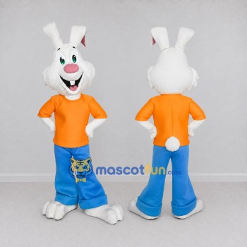 Custom White Orange and Blue Rabbit in T-Shirt Mascot Costume Adult Full Body Suit for Easter Events