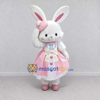 Custom White and Pink Rabbit in Heart Dress Mascot Costume Adult Full Body Suit for Easter Events