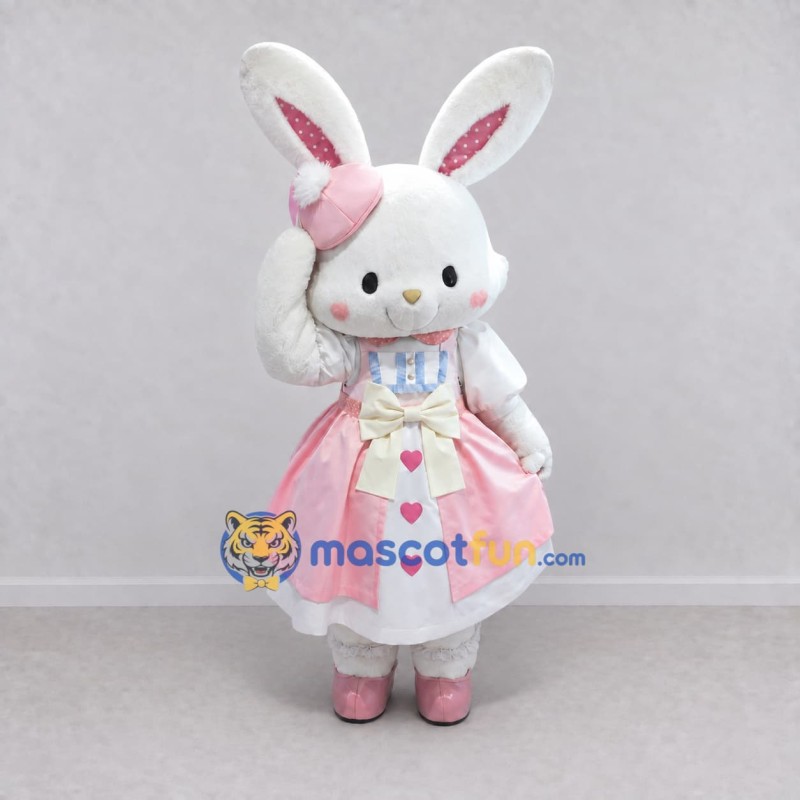 Custom White and Pink Rabbit in Heart Dress Mascot Costume Adult Full Body Suit for Easter Events Custom White and Pink Rabbit in Heart Dress Mascot Costume Adult Full Body Suit for Easter Events