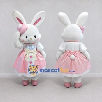 Custom White and Pink Rabbit in Heart Dress Mascot Costume Adult Full Body Suit for Easter Events