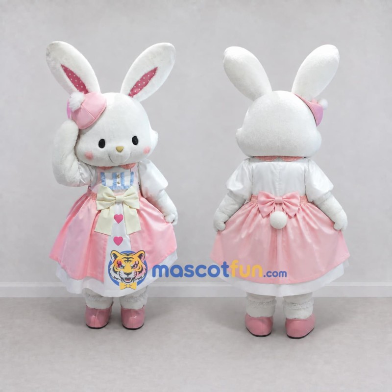 Custom White and Pink Rabbit in Heart Dress Mascot Costume Adult Full Body Suit for Easter Events Custom White and Pink Rabbit in Heart Dress Mascot Costume Adult Full Body Suit for Easter Events