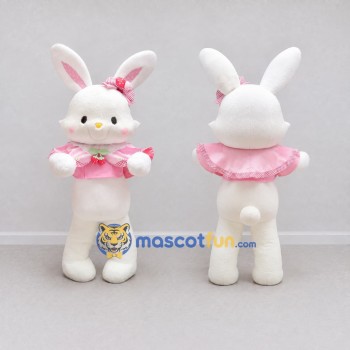 Custom White and Pink Rabbit with Ruffled Collar Mascot Costume Adult Full Body Suit for Easter Events