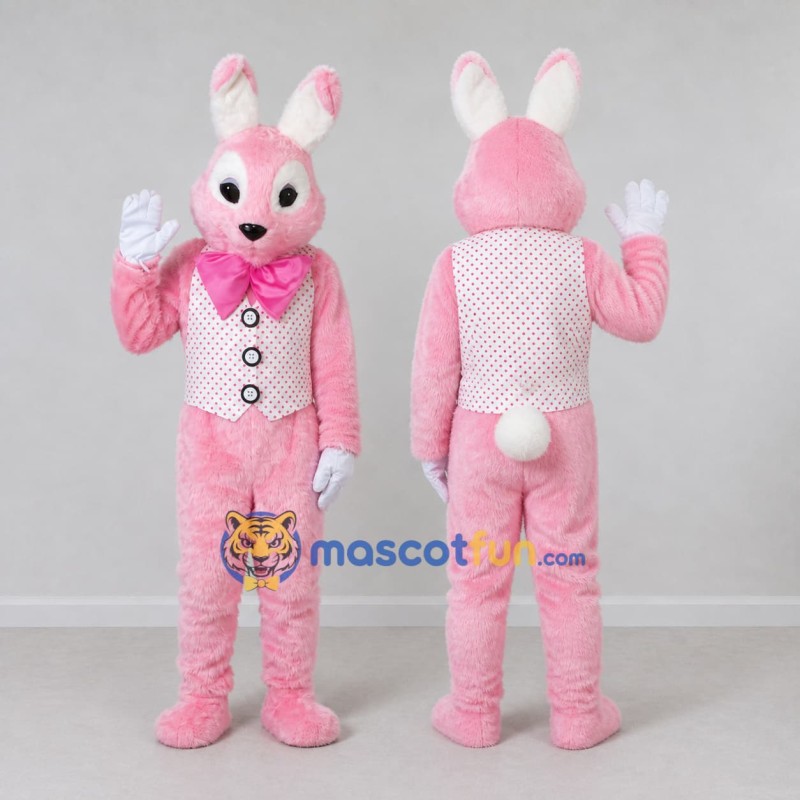 Custom Pink and White Rabbit in Vest Mascot Costume Adult Full Body Suit for Easter Events Custom Pink and White Rabbit in Vest Mascot Costume Adult Full Body Suit for Easter Events