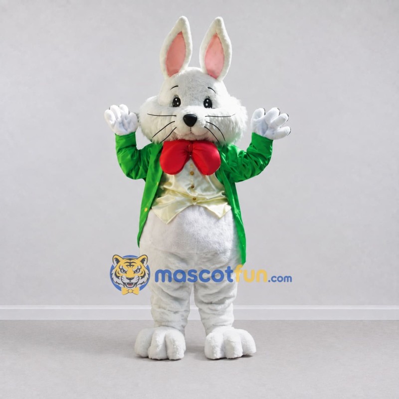 Custom White and Green Rabbit in Coat Mascot Costume Adult Full Body Suit for Easter Events Custom White and Green Rabbit in Coat Mascot Costume Adult Full Body Suit for Easter Events