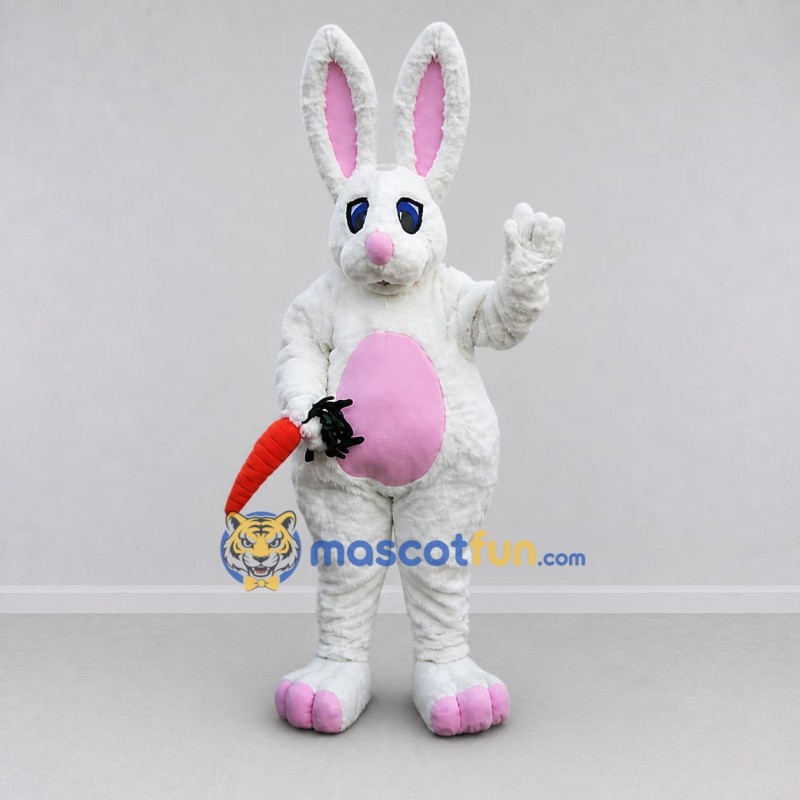 Custom White and Pink Rabbit with Carrot Mascot Costume Adult Full Body Suit for Easter Events Custom White and Pink Rabbit with Carrot Mascot Costume Adult Full Body Suit for Easter Events
