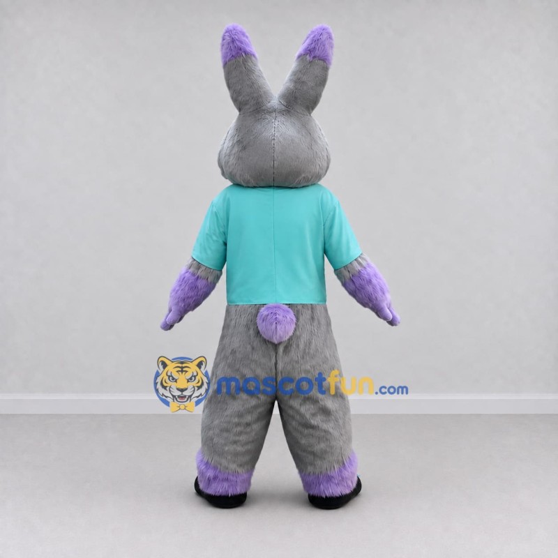 Custom Gray Purple and Turquoise Rabbit in T-Shirt Mascot Costume Adult Full Body Suit for Easter Events Custom Gray Purple and Turquoise Rabbit in T-Shirt Mascot Costume Adult Full Body Suit for Easter Events