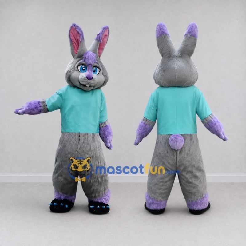 Custom Gray Purple and Turquoise Rabbit in T-Shirt Mascot Costume Adult Full Body Suit for Easter Events Custom Gray Purple and Turquoise Rabbit in T-Shirt Mascot Costume Adult Full Body Suit for Easter Events