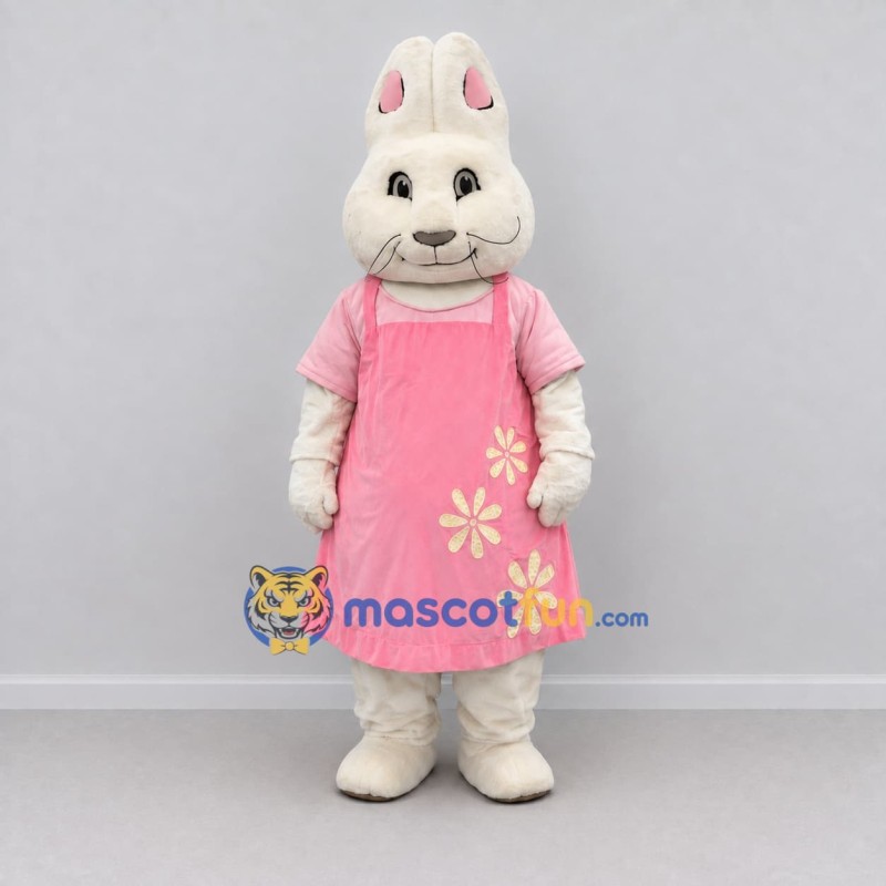 Custom Cream and Pink Rabbit in Floral Dress Mascot Costume Adult Full Body Suit for Easter Events