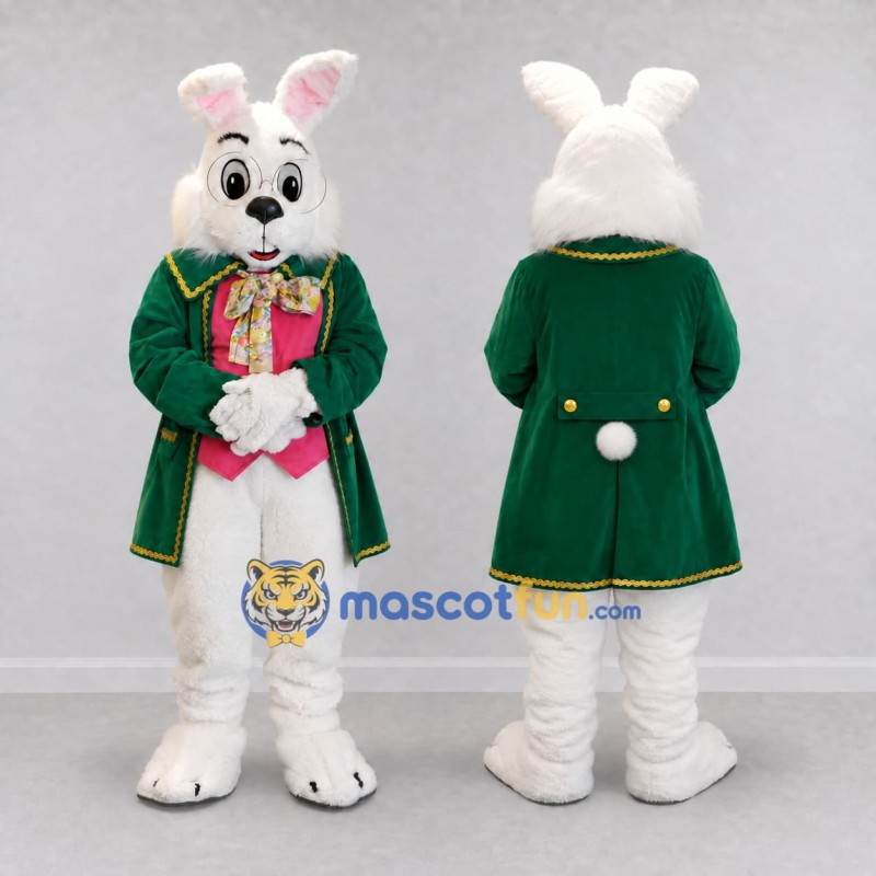 Custom White and Green Rabbit in Tailcoat Mascot Costume Adult Full Body Suit for Easter Events Custom White and Green Rabbit in Tailcoat Mascot Costume Adult Full Body Suit for Easter Events