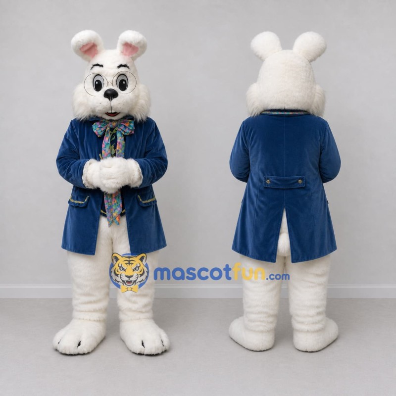 Custom White and Blue Rabbit in Coat Mascot Costume Adult Full Body Suit for Easter Events Custom White and Blue Rabbit in Coat Mascot Costume Adult Full Body Suit for Easter Events
