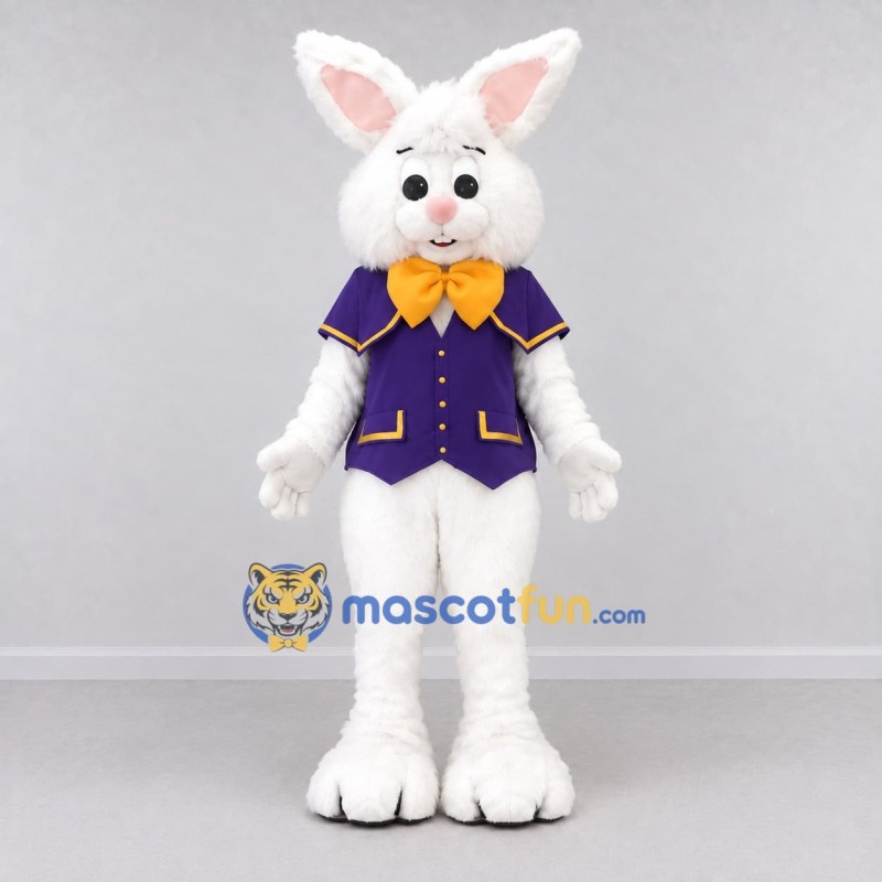 Custom White and Purple Rabbit in Jacket Mascot Costume Adult Full Body Suit for Easter Events Custom White and Purple Rabbit in Jacket Mascot Costume Adult Full Body Suit for Easter Events