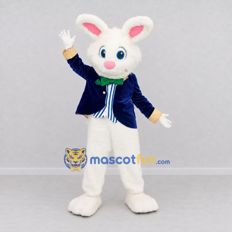 Custom White and Blue Rabbit in Jacket Mascot Costume Adult Full Body Suit for Easter Events