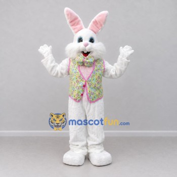 Custom White and Pink Rabbit in Floral Vest Mascot Costume Adult Full Body Suit for Easter Events Custom White and Pink Rabbit in Floral Vest Mascot Costume Adult Full Body Suit for Easter Events