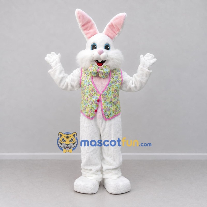 Custom White and Pink Rabbit in Floral Vest Mascot Costume Adult Full Body Suit for Easter Events Custom White and Pink Rabbit in Floral Vest Mascot Costume Adult Full Body Suit for Easter Events