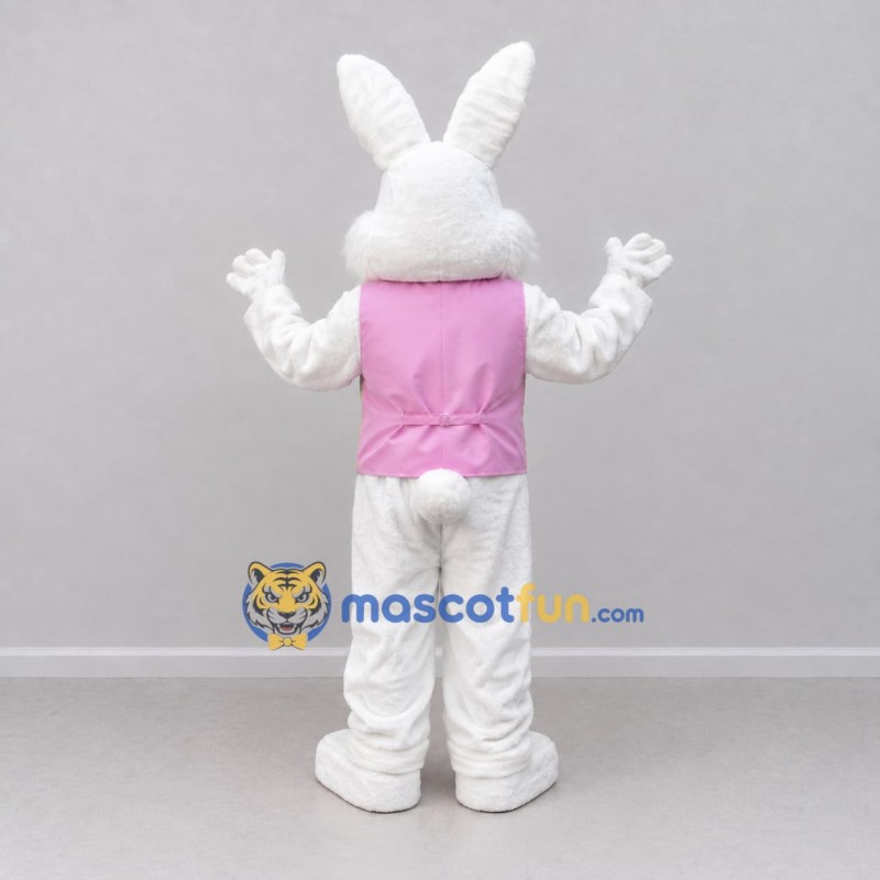 Custom White and Pink Rabbit in Floral Vest Mascot Costume Adult Full Body Suit for Easter Events Custom White and Pink Rabbit in Floral Vest Mascot Costume Adult Full Body Suit for Easter Events