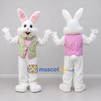 Custom White and Pink Rabbit in Floral Vest Mascot Costume Adult Full Body Suit for Easter Events